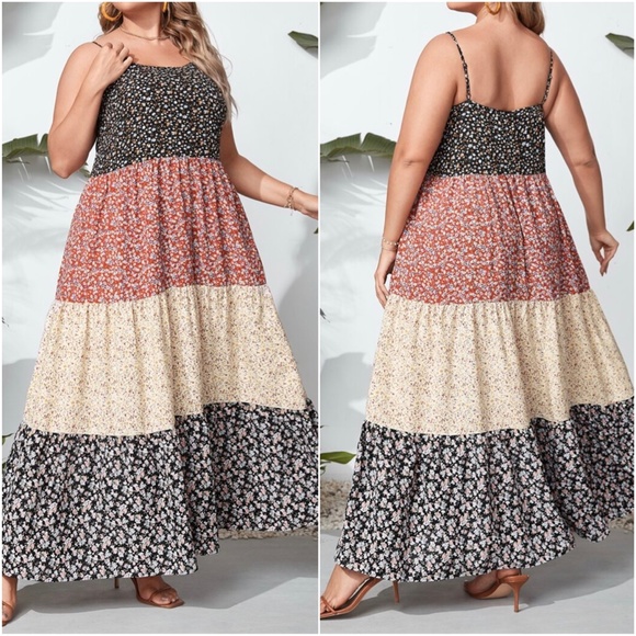 Boho Plus Floral Print Color Block Cami Maxi Dress - Picture 2 of 3